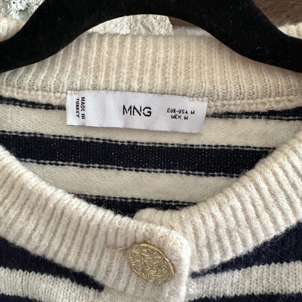 Mango Striped Knitted Cardigan Gold Jewel Buttons Navy Cream Size M Preppy EUC - Picture 7 of 13